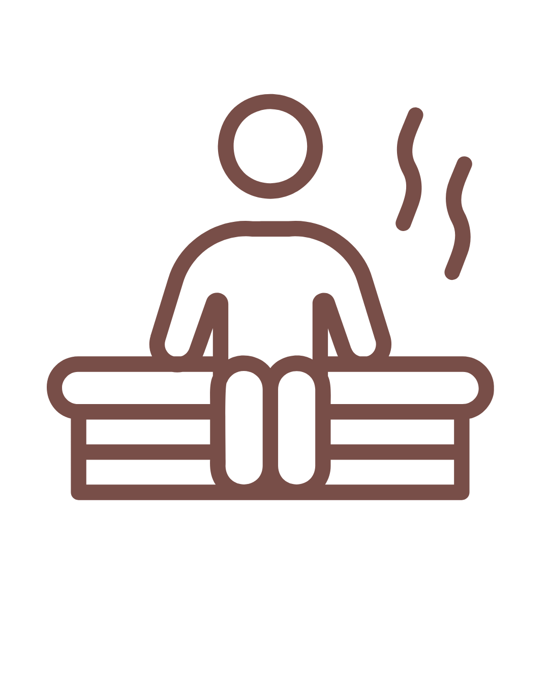 Icon of a person sitting on a bench with steam rising, indicating they are in a sauna