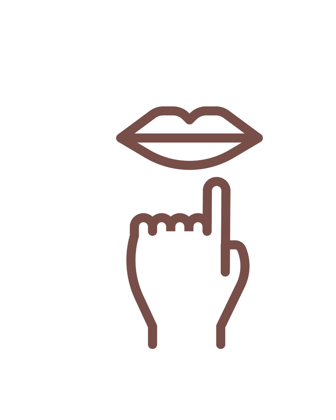 Minimalist line drawing of lips with finger pressed to lips in a 'shh' gesture.