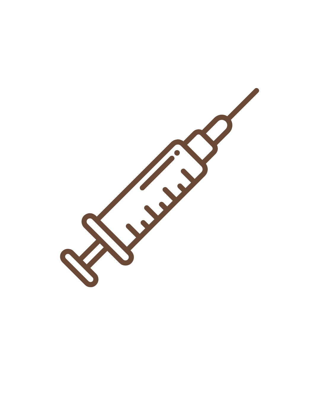 Outline drawing of a syringe with a needle pointing upward on a black background.