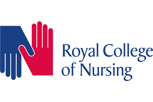 Logo of the Royal College of Nursing featuring two stylized hands, one blue and one red, with the organization's name written to the right.