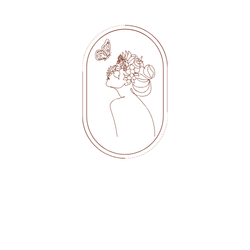 Line art illustration of a woman with a floral headpiece, butterfly perched on her head, in an oval frame.