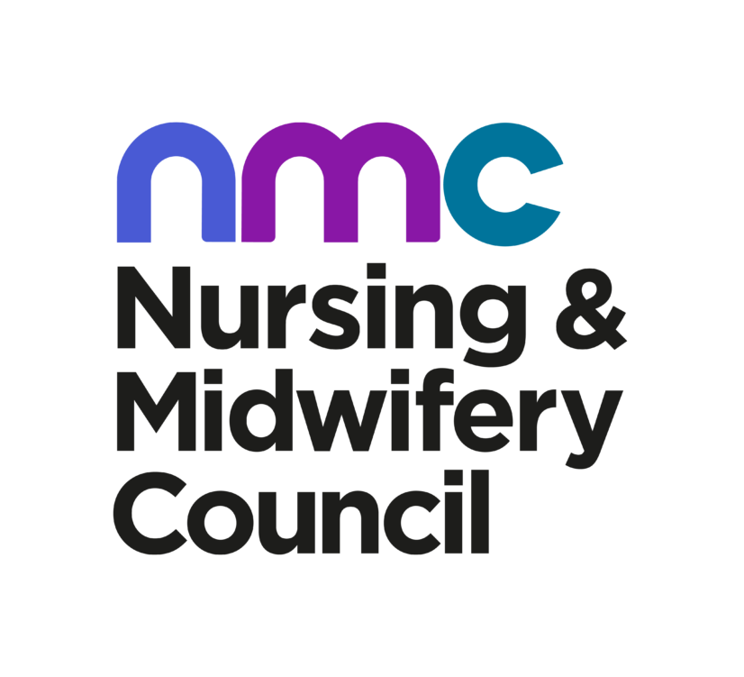 Logo of the NC Nursing & Midwifery Council with stylized letters 'nmc' in purple, blue, and teal above the organization's name in black text.
