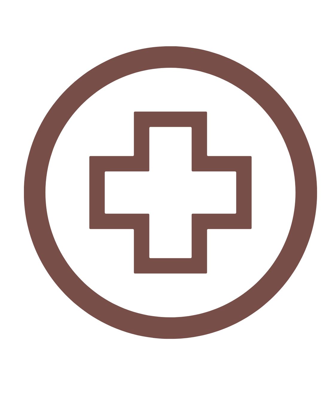 Brown circle with a medical cross symbol in the center.