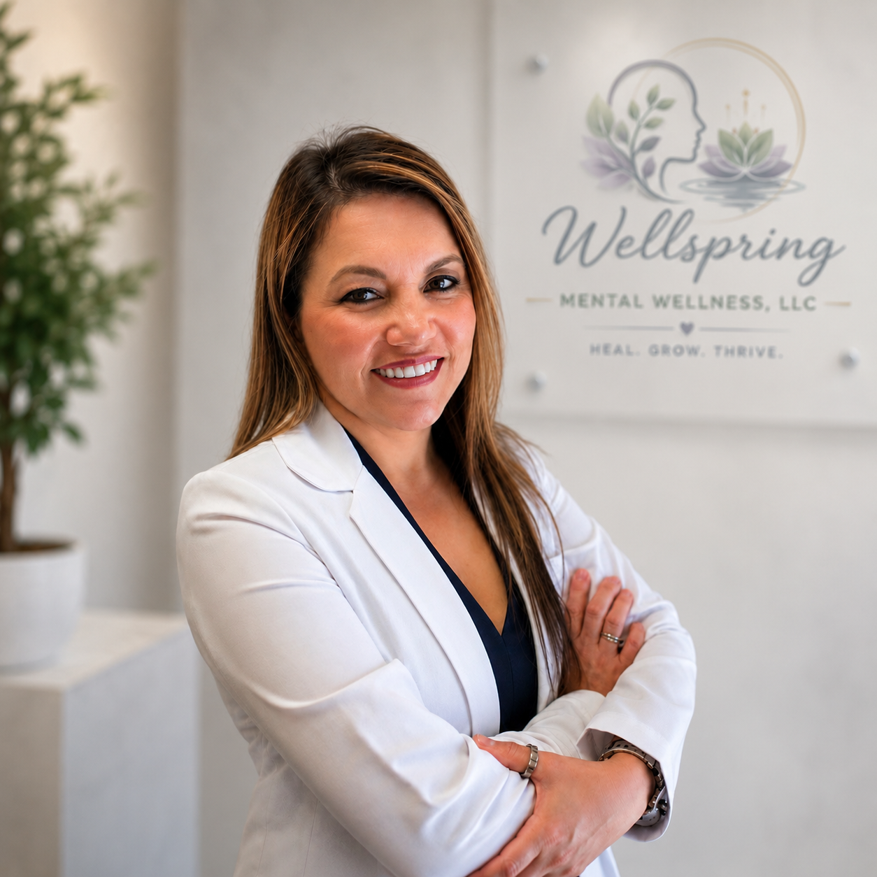 A woman with long brown hair smiling with crossed arms in front of a wellness center sign that reads "Wellspring Mental Wellness, LLC" and "Heal. Grow. Thrive."