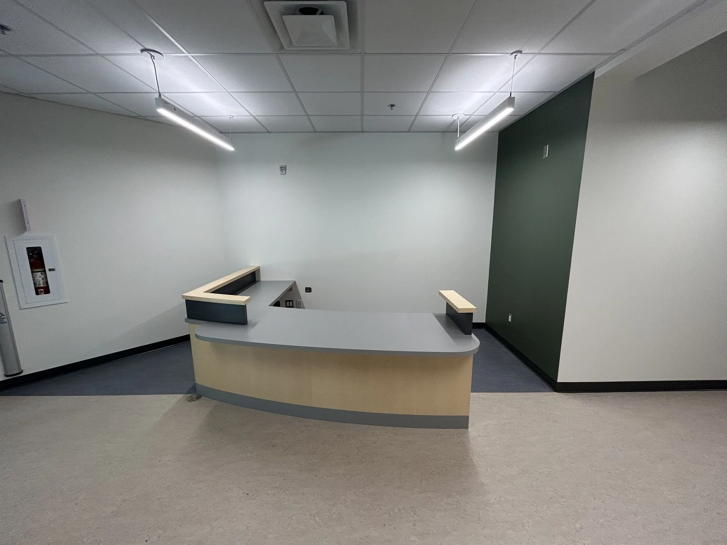 Empty reception area with a beige curved counter, green accent wall, and white ceiling with fluorescent lighting fixtures.