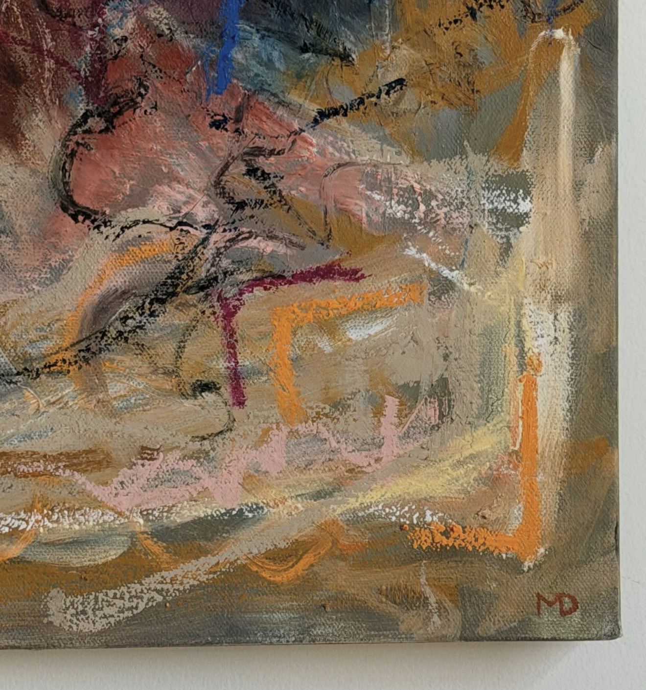 An abstract painting with various colors including pink, orange, yellow, blue, black, and gray. The painting features loose, expressive brush strokes and layered textures. There are several curved and straight lines, some forming geometric shapes, wi