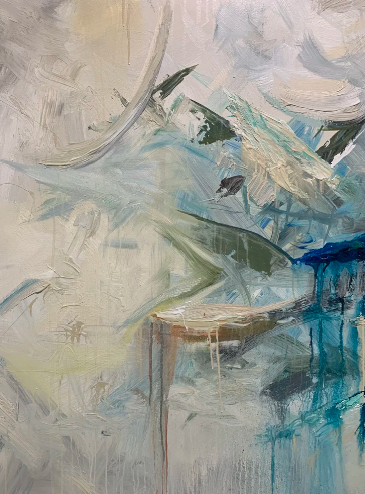 Abstract painting with swirling brushstrokes in pale beige, blue, green, black, and hints of white, creating a dynamic textured composition.