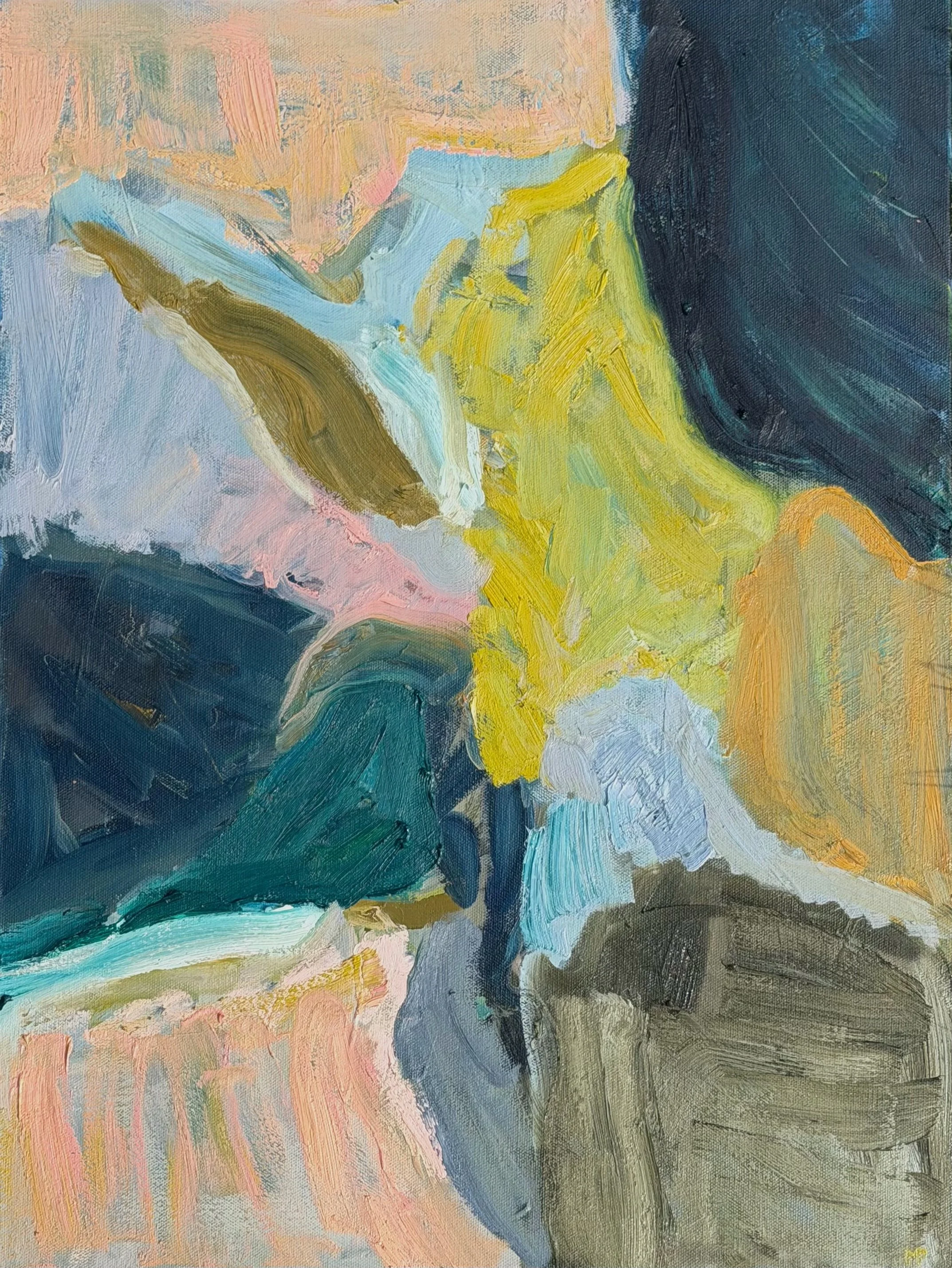 An abstract painting with broad, colorful brushstrokes in shades of pink, blue, yellow, green, white, and black.