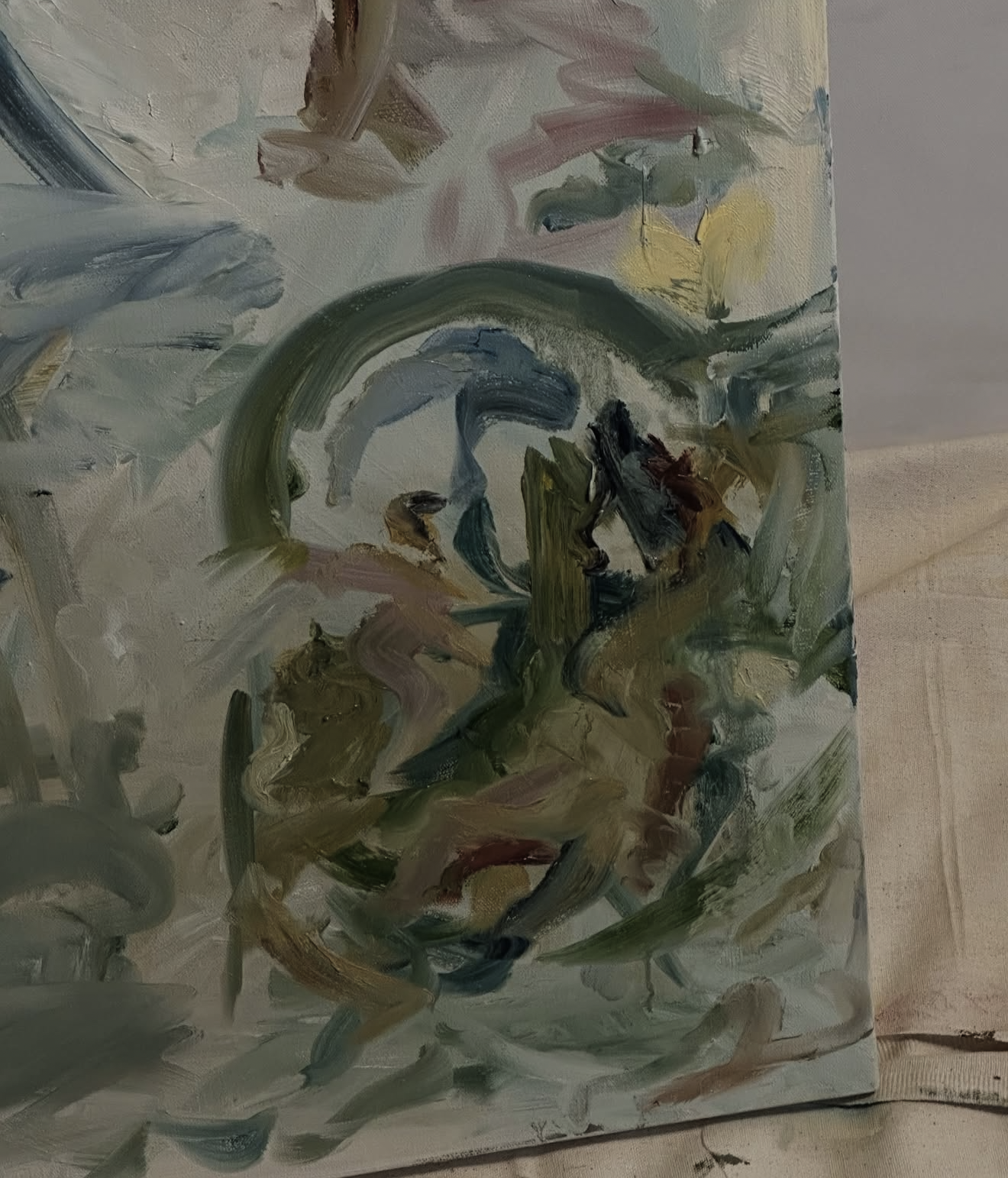 An abstract painting with various brushstrokes in shades of green, blue, gray, beige, and hints of pink and yellow.