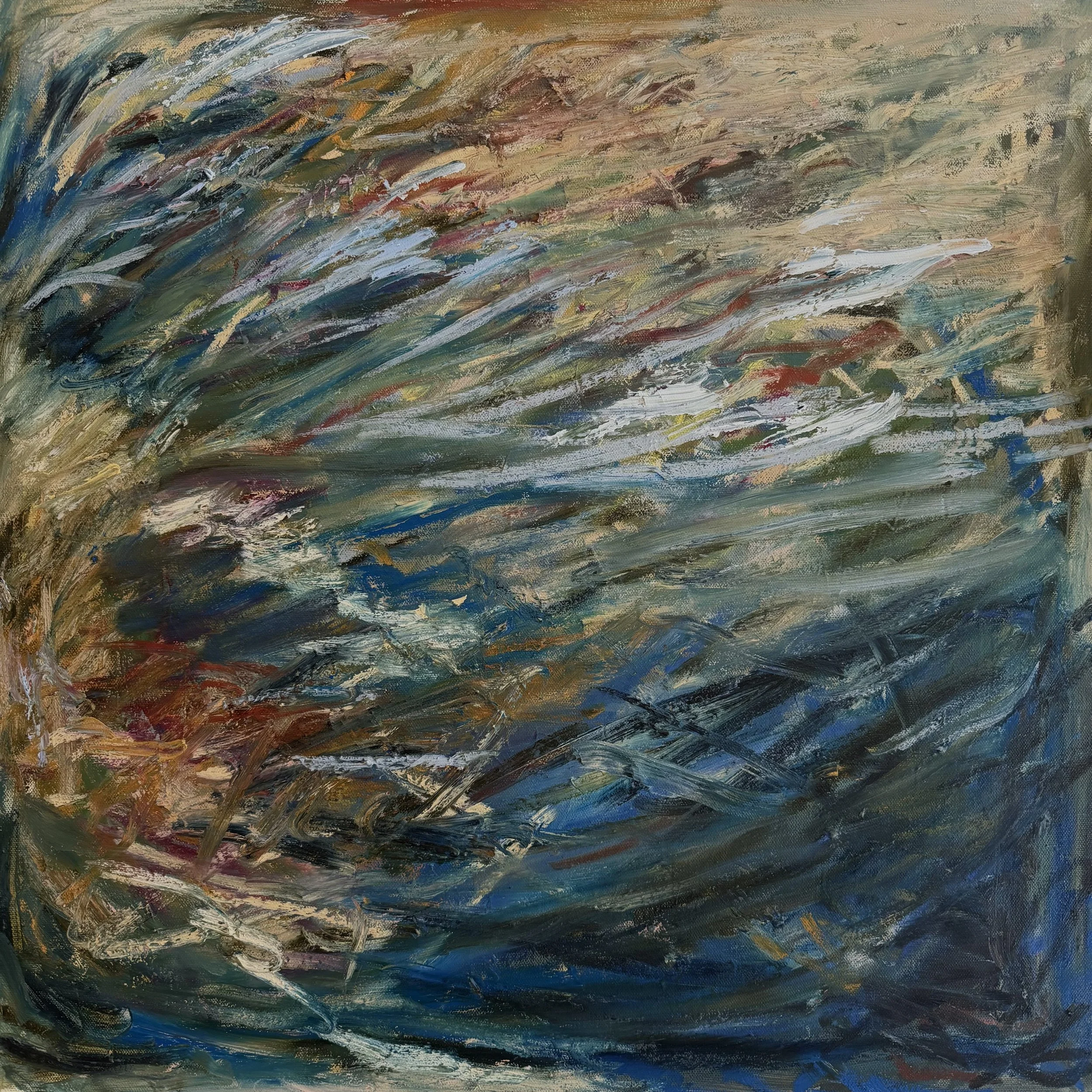 An abstract painting featuring dynamic brushstrokes and a mix of earthy tones, blues, and whites.