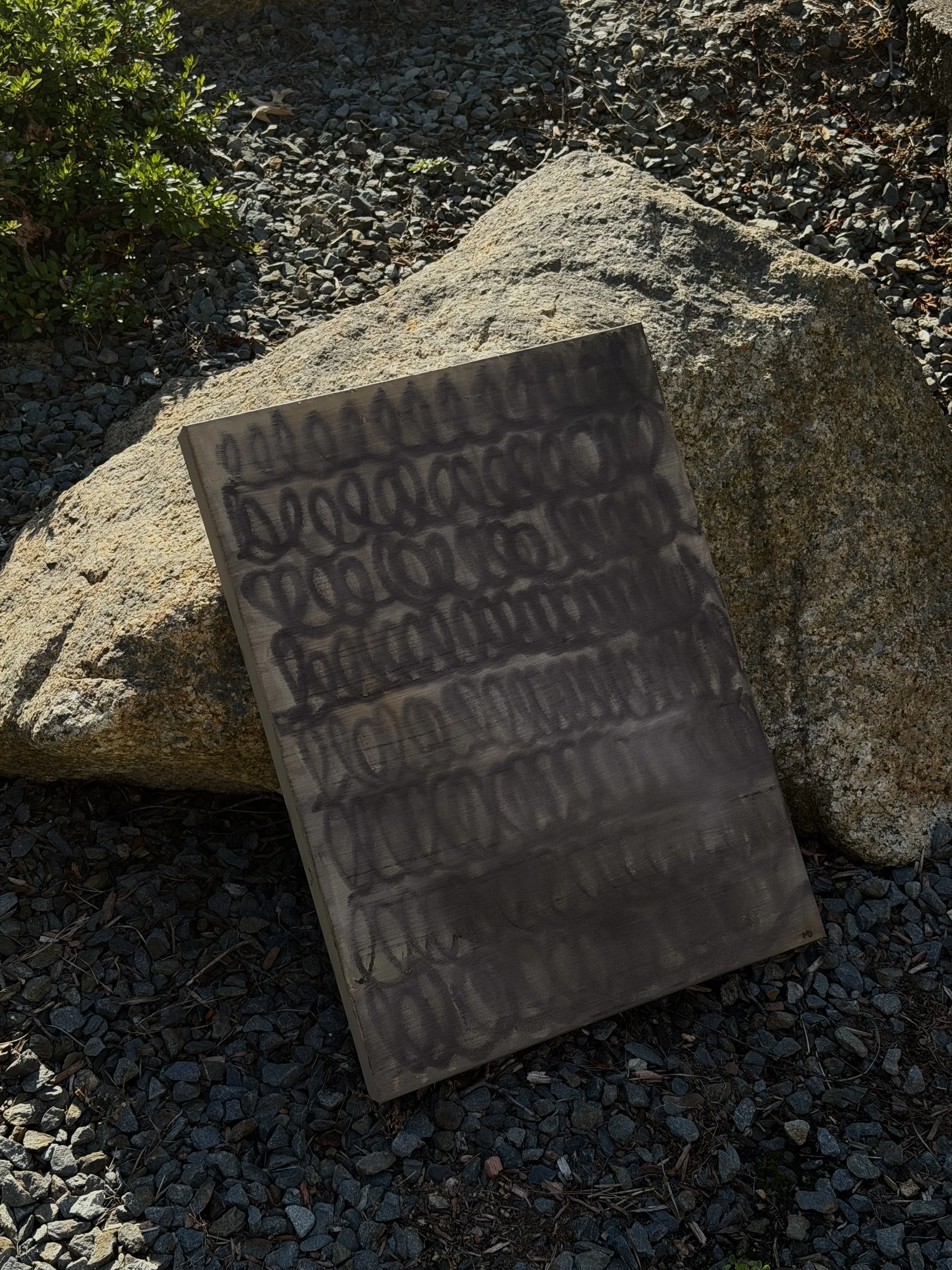A large rock on a gravel surface with a black and grey painted wooden board leaning against it, partially covering the rock, with dense green shrubbery to the left.