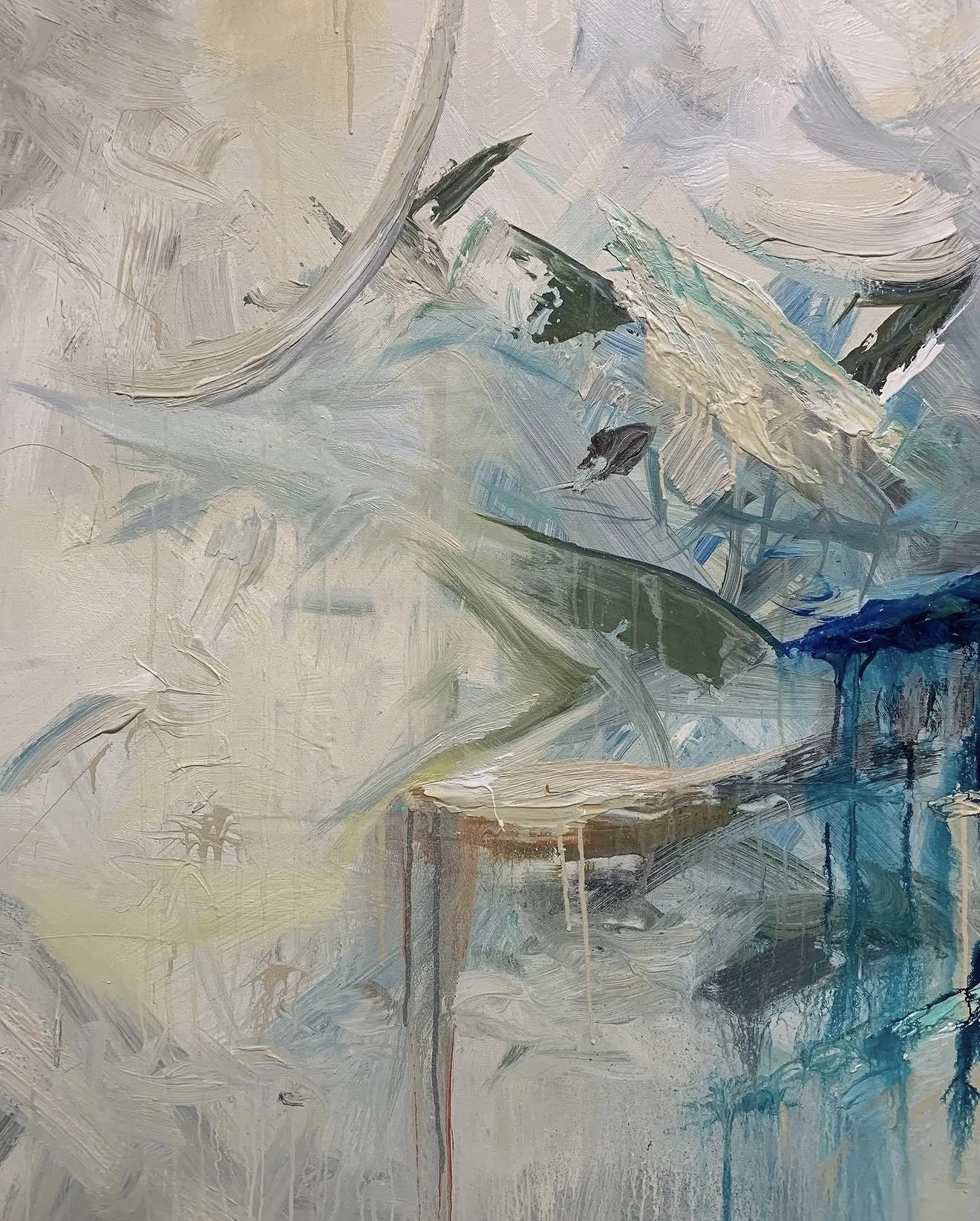 Abstract painting with thick brushstrokes in shades of beige, white, green, blue, and black.