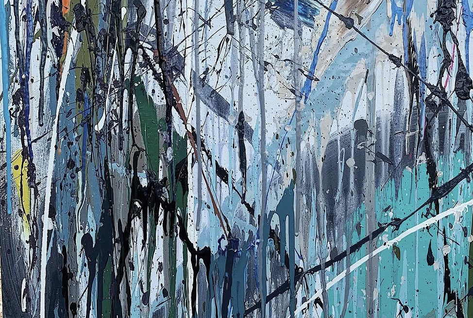 Abstract expressionist painting with blue, black, green, yellow, and white splashes and drips of paint.