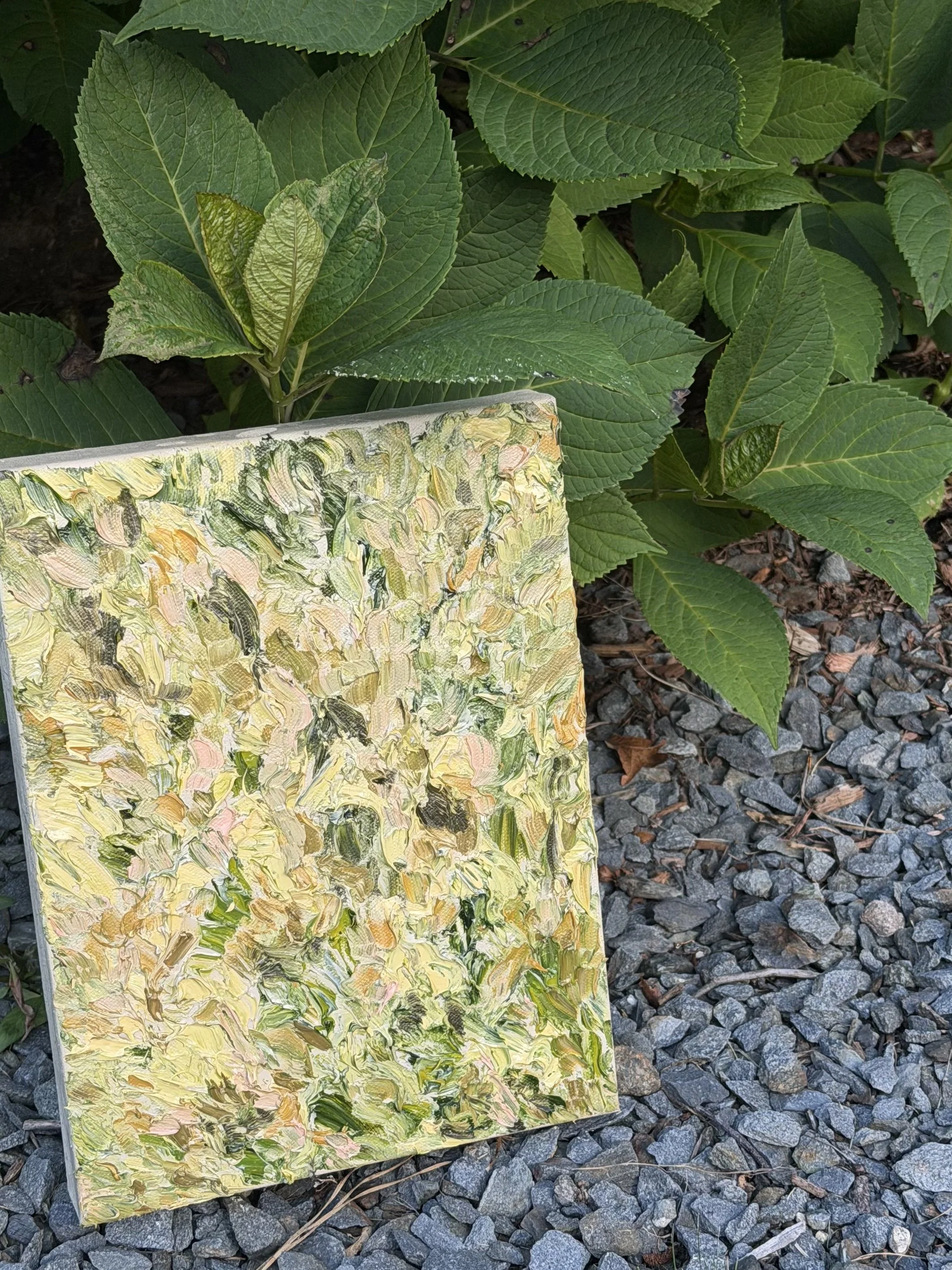 Close-up of green leaves and a painted canvas with abstract yellow, green, and beige brushstrokes leaning against the leaves, on a gravel surface.