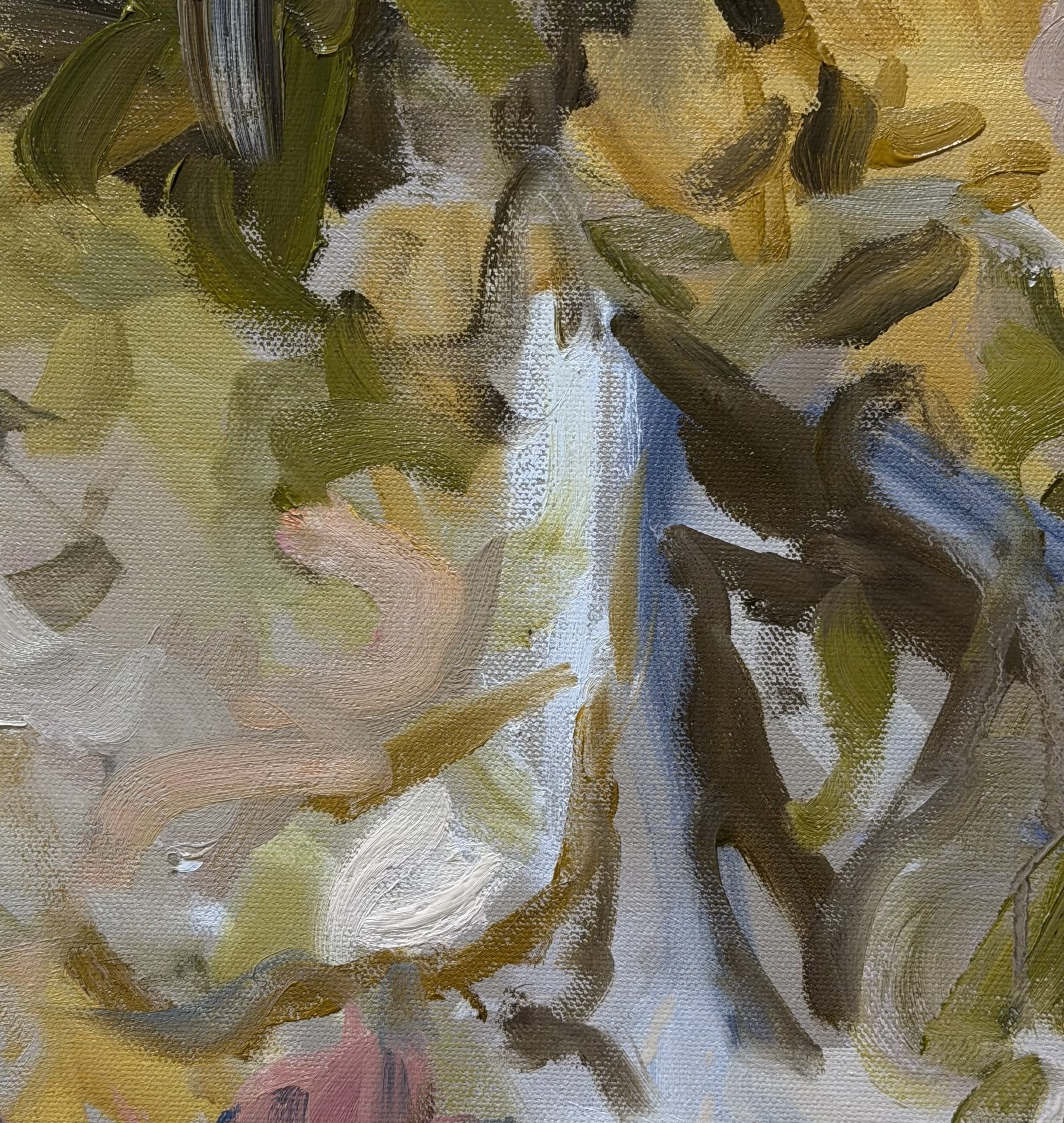 Close-up of an abstract painting with bold, textured brushstrokes in shades of brown, yellow, pink, blue, and white.