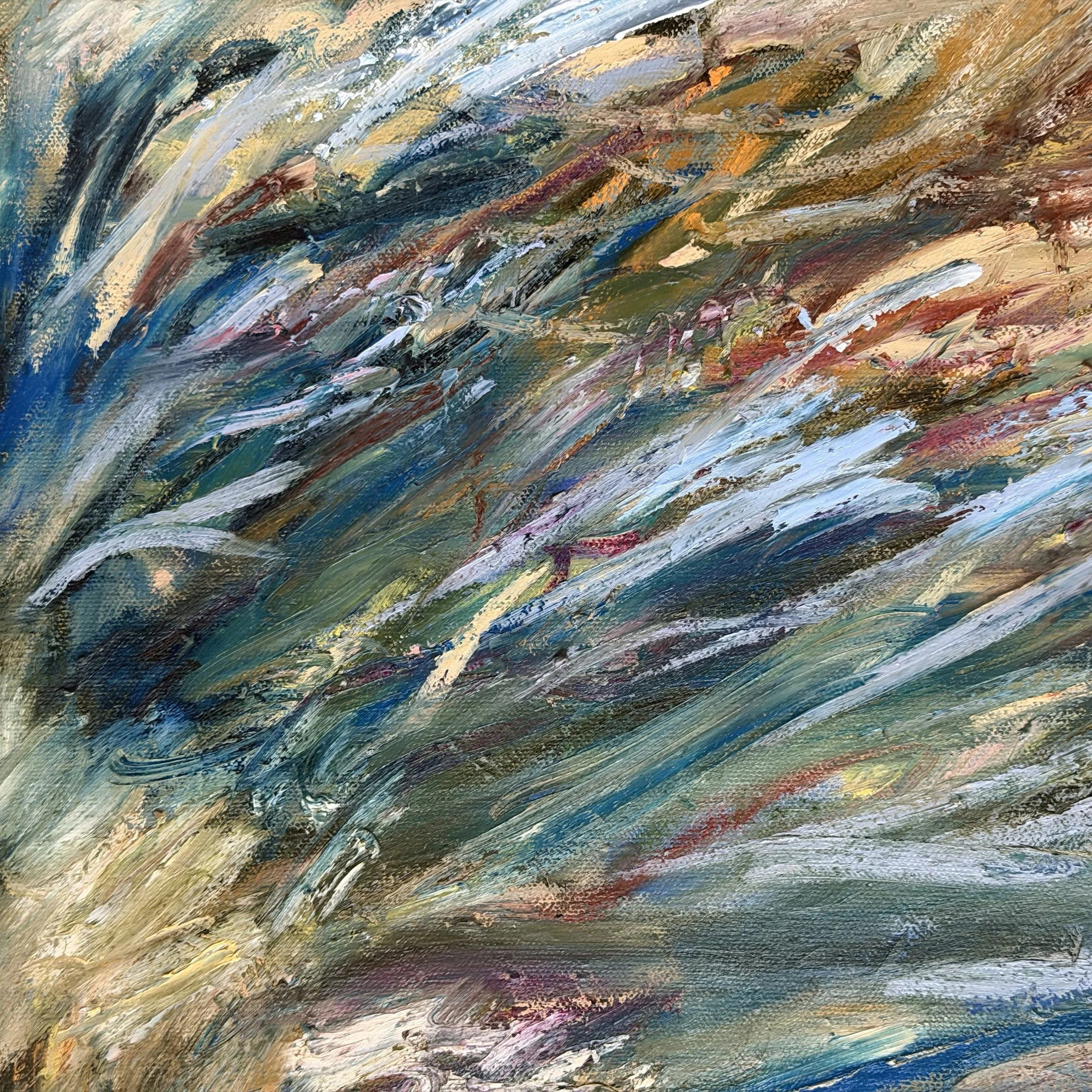An abstract painting with bold, sweeping brushstrokes in shades of blue, green, yellow, brown, purple, and white.