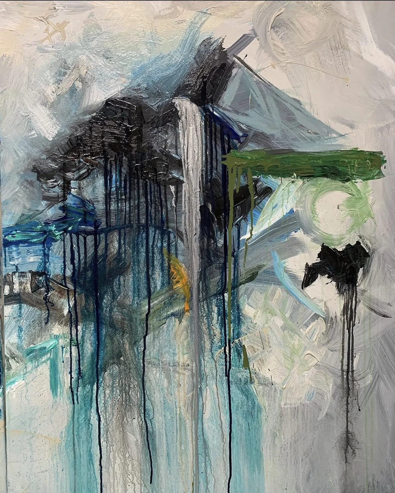Abstract expressionist painting of a modern house with a tall waterfall, in shades of blue, black, gray, and white, with green, yellow, and black accents, and various brushstrokes and drip effects.