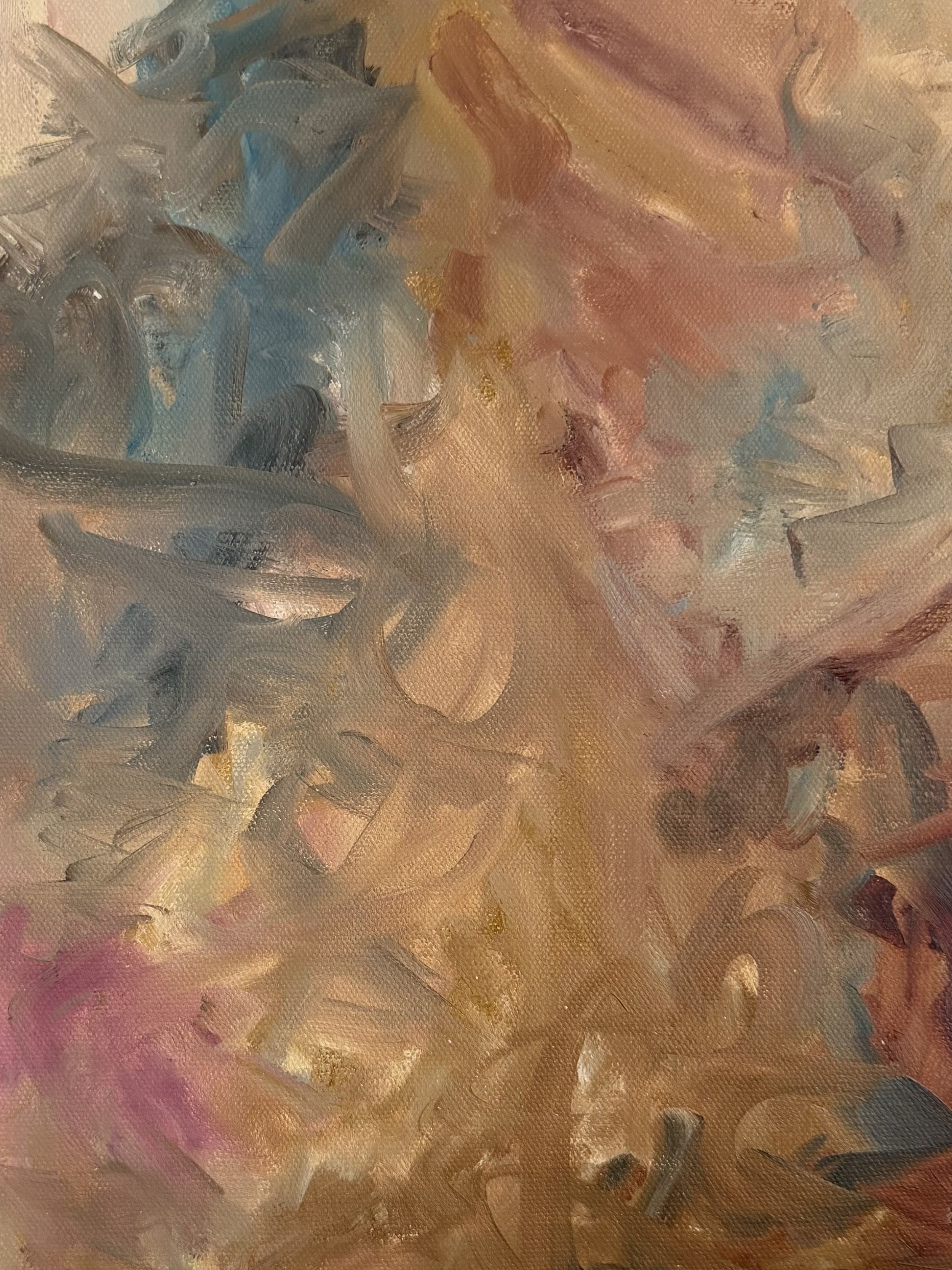 Abstract impressionist painting with pastel colors including pink, yellow, beige, blue, and gray brushstrokes.