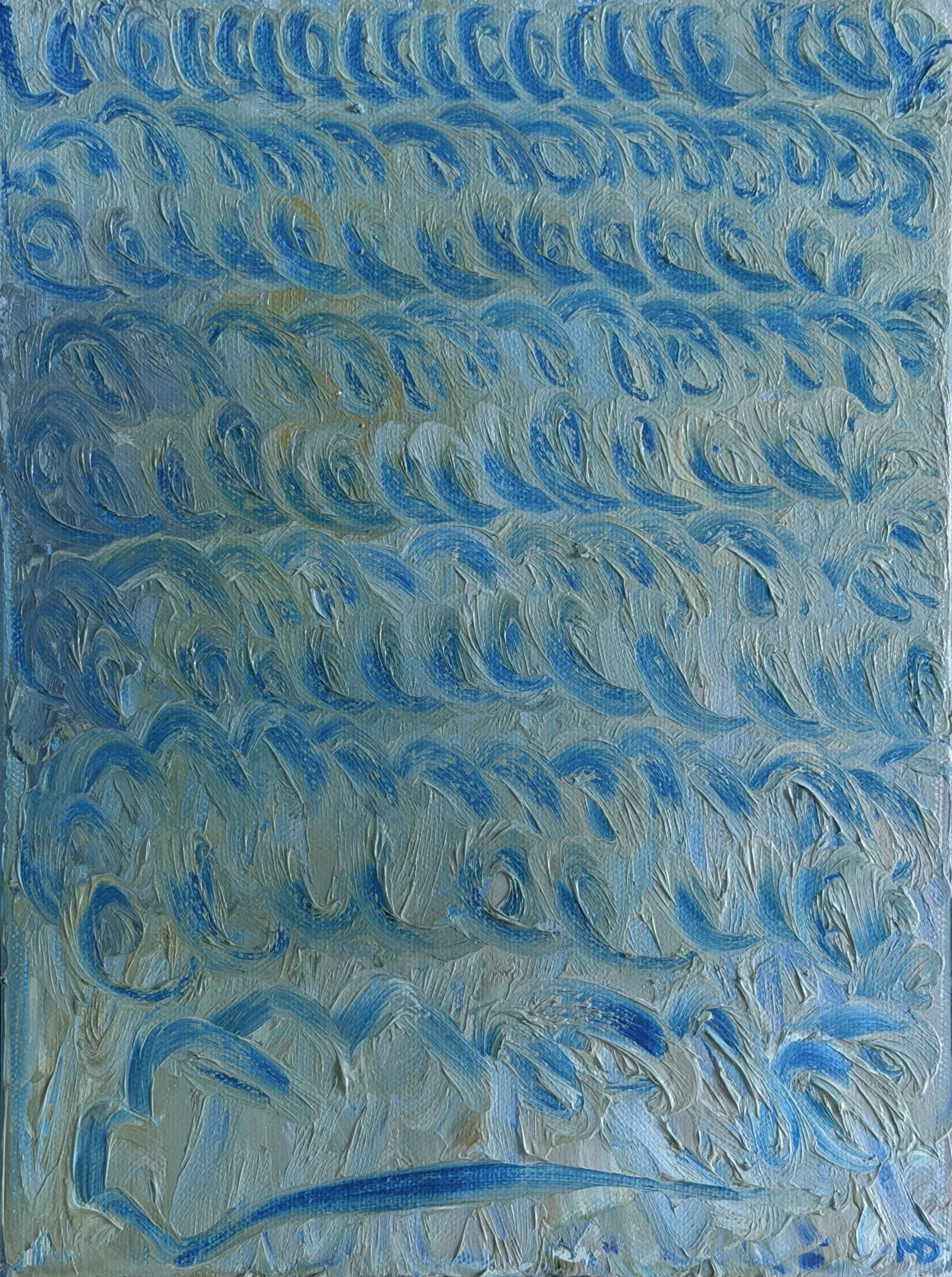 Abstract painting with swirling blue, white, and light yellow painted strokes.