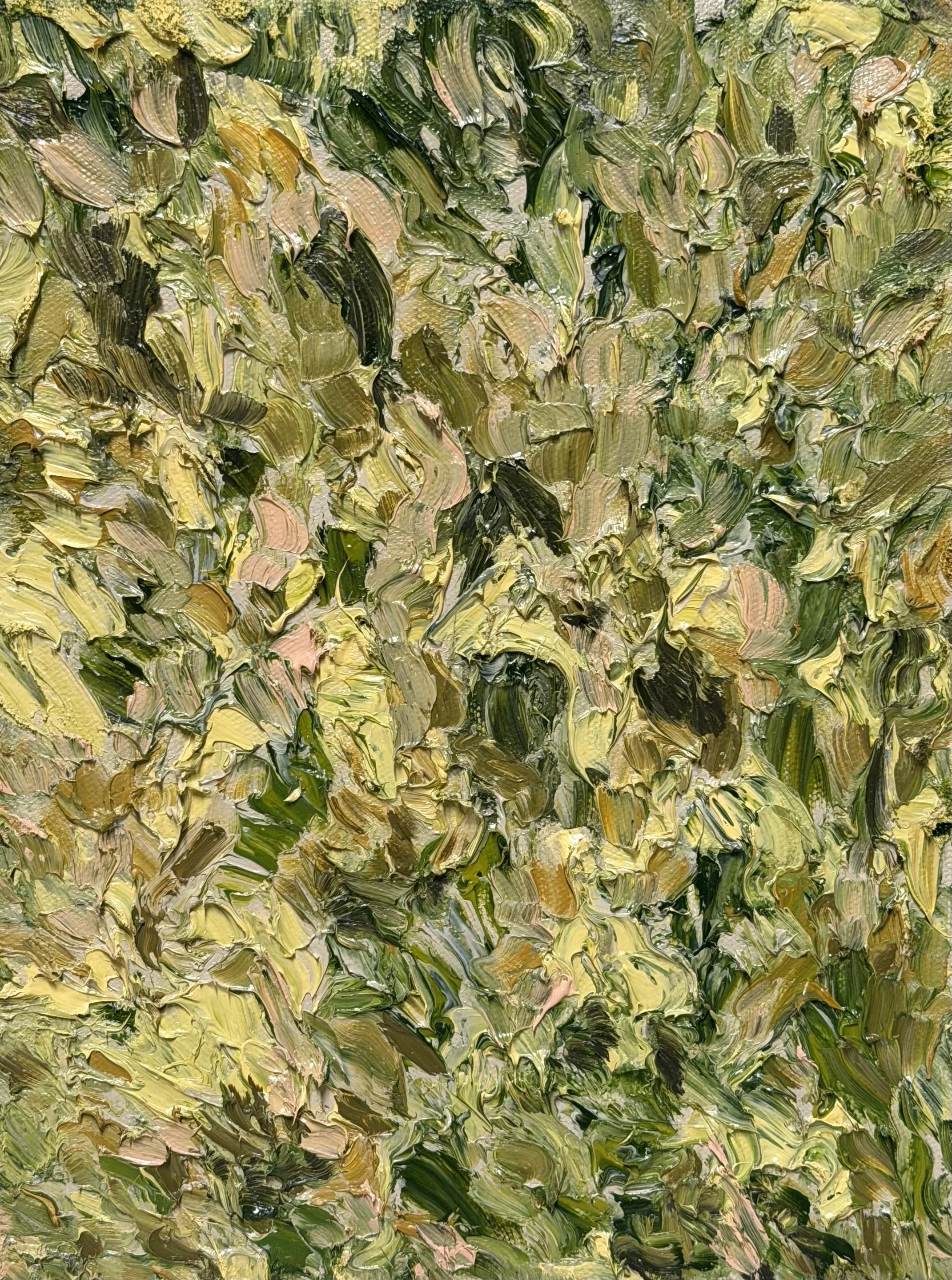 Abstract impressionist painting with thick, textured brushstrokes in shades of green, yellow, pink, and black.
