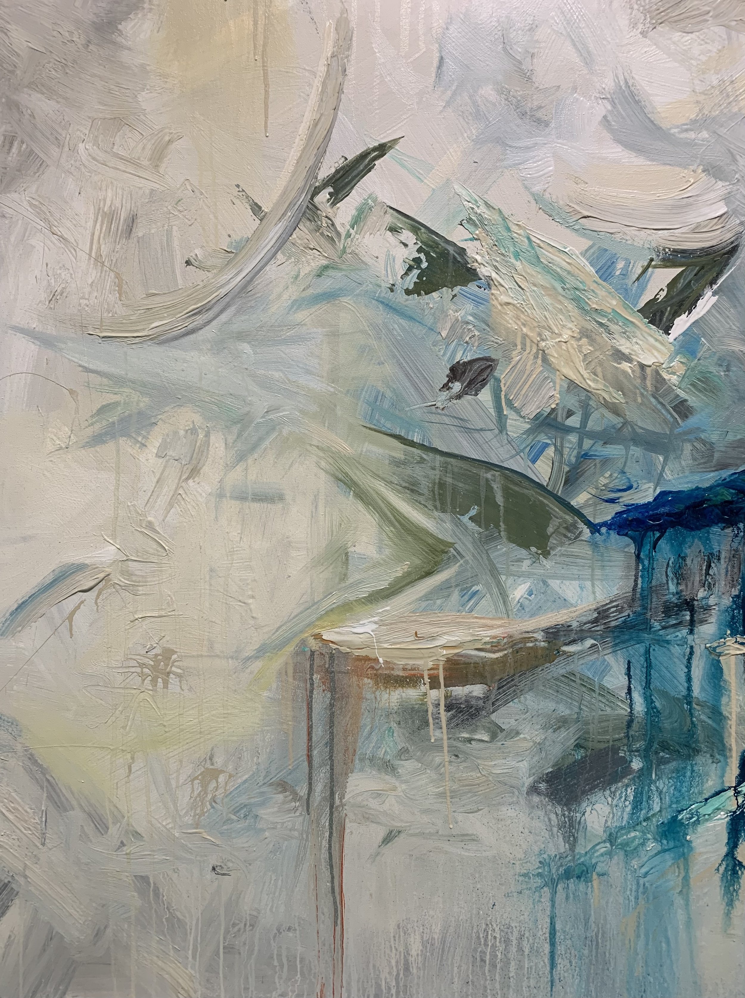 Abstract painting with thick, textured brushstrokes in shades of white, beige, blue, and dark green, with some drips and blending of colors.