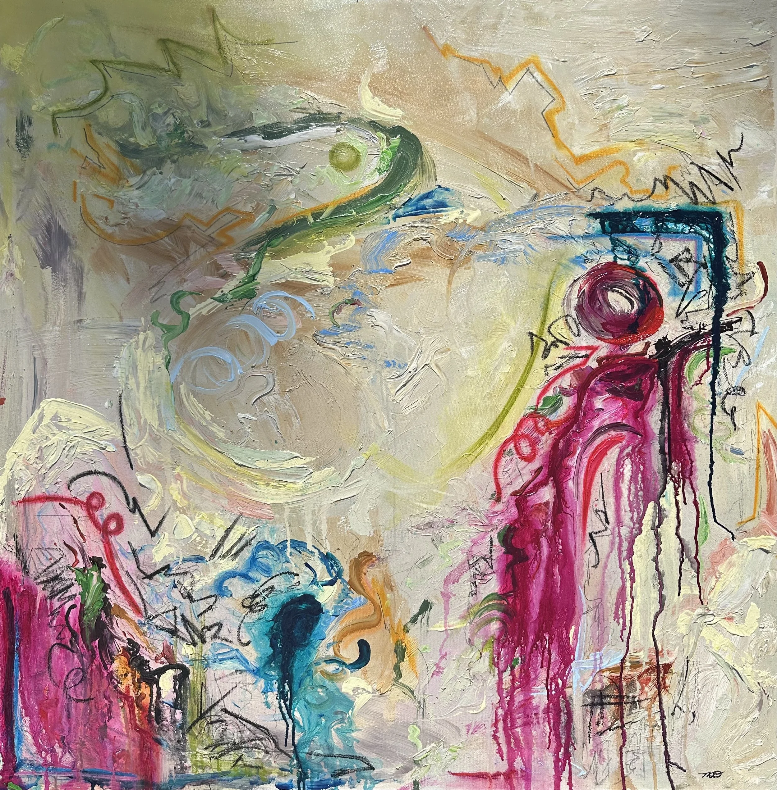 "Lemon Tea in a Raspberry Field" 48" x 48" Acrylic, Ink, Molding Paste, Oil Pastel, and Graphite on Canvas (commissioned work)
