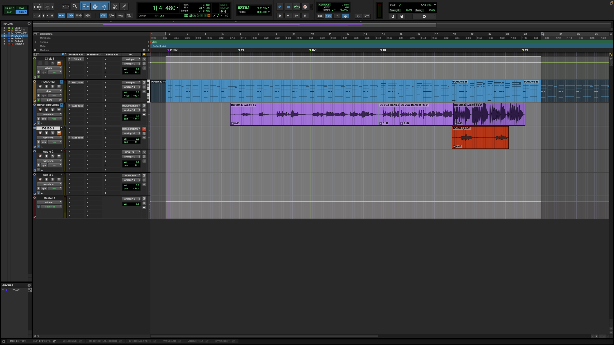 A digital audio workstation screen showing multiple tracks, including MIDI, audio, and virtual instrument clips, with a dark interface and various control panels for sequencing and mixing music.