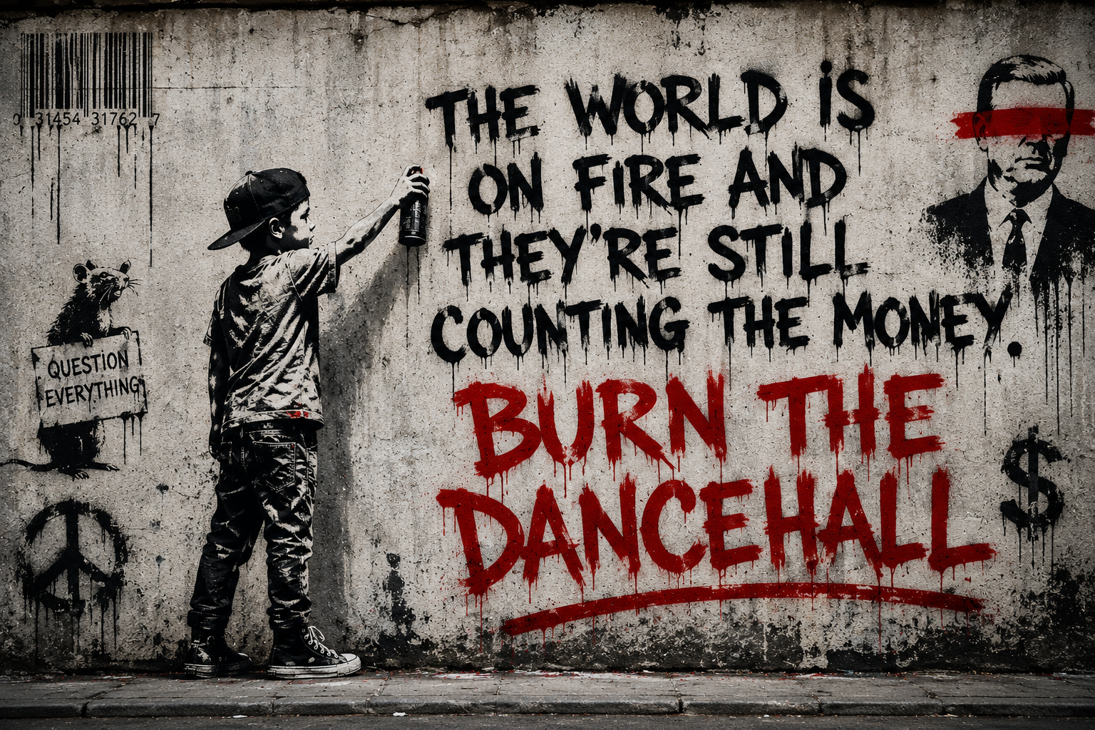 Street art mural featuring a boy with a spray paint can painting a message on a wall, with additional graffiti including a rat holding a sign and a portrait of a man with a red line across his eyes. The main text reads, "The world is on fire and they're still counting the money. Burn the dancehall."