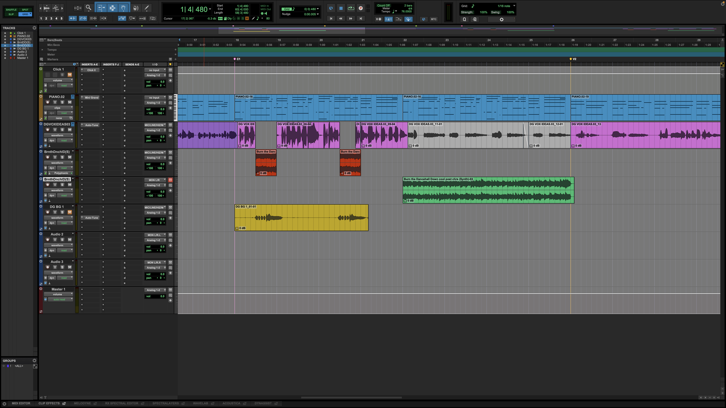 Digital audio workstation screen displaying multiple tracks and clips for music or audio project, with colorful waveforms and editing tools.