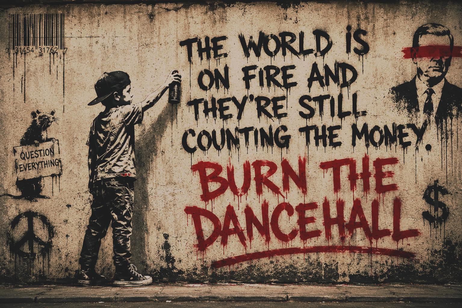 Black-and-white street art of a boy spray painting "The world is on fire and they're still counting the money. Burn the Dancehall" on a wall, with "Burn the Dancehall" in red.