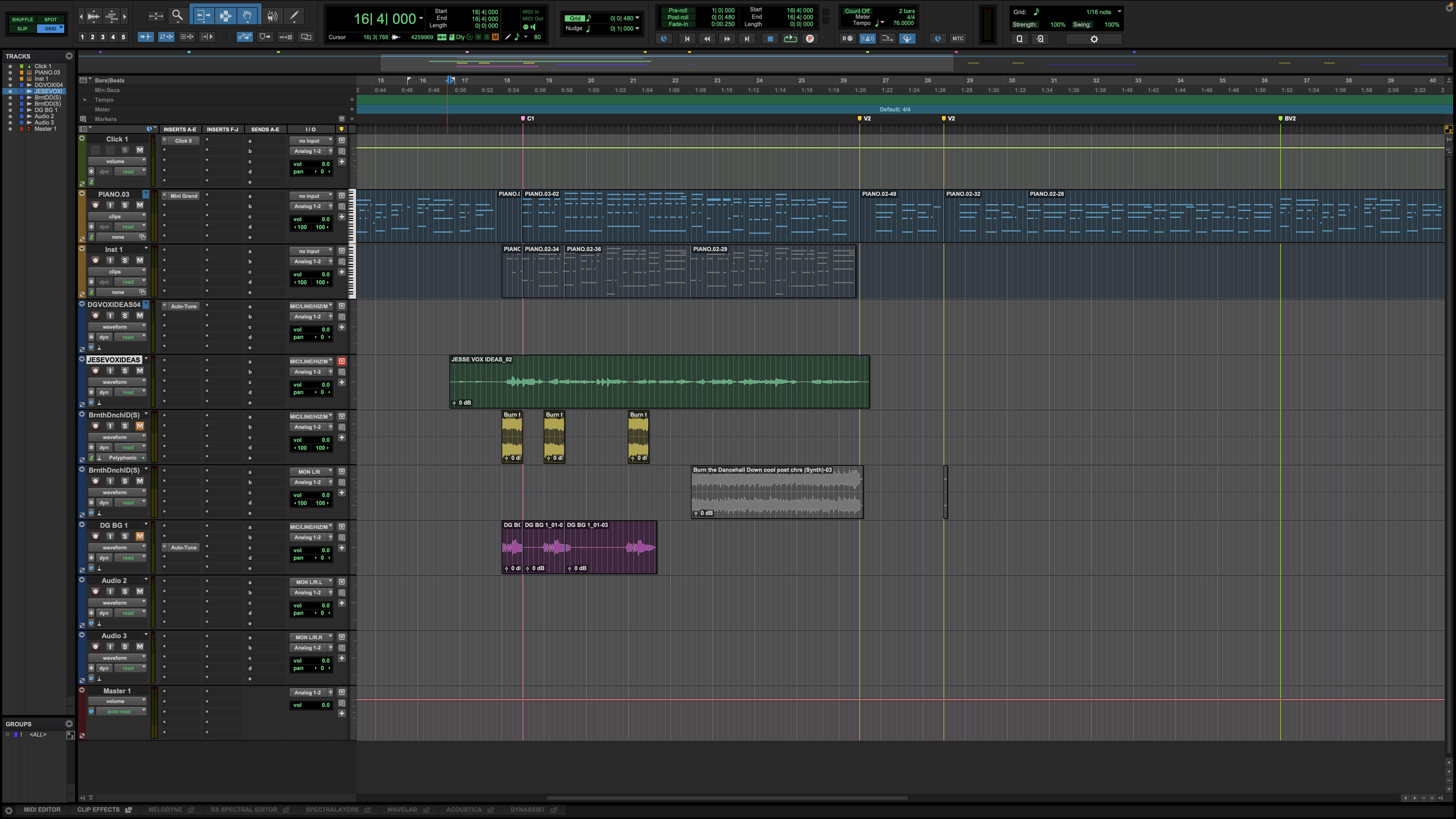 Screenshot of digital audio workstation (DAW) software interface showing multiple tracks, waveforms, MIDI clips, and controls for music production.
