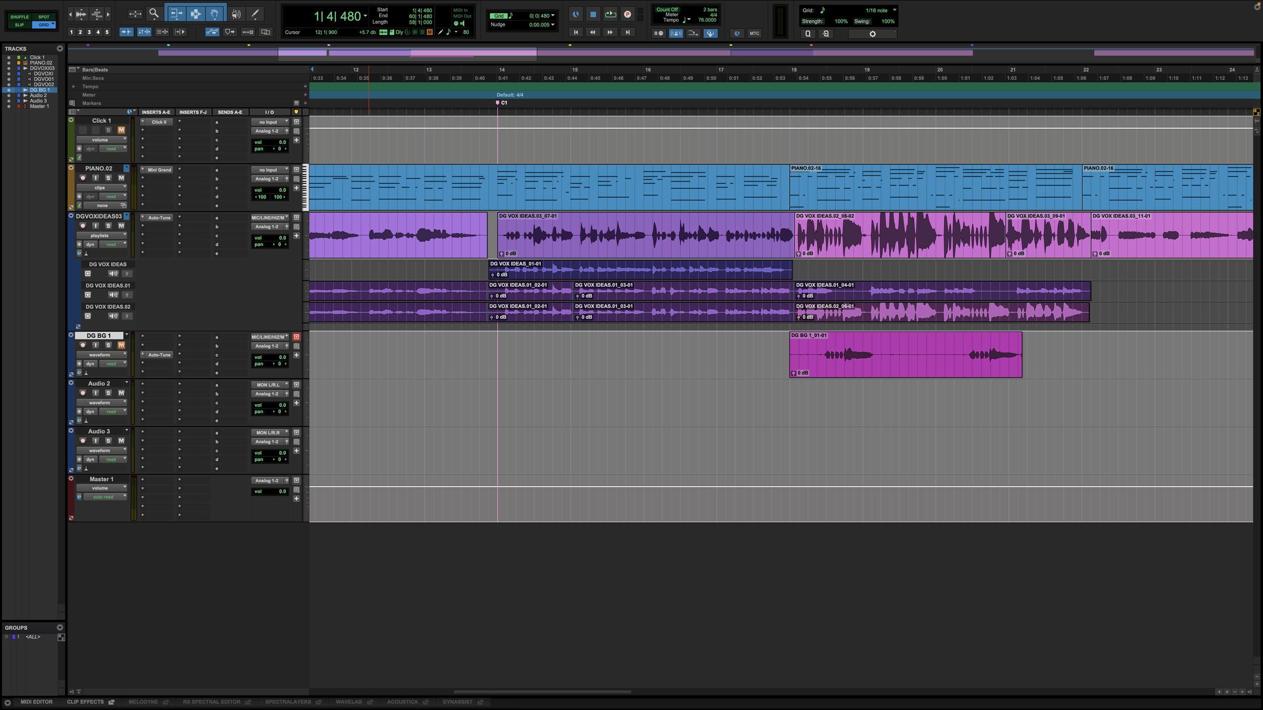 Digital audio workstation screen showing multiple audio and MIDI tracks, including piano, vocal, and sound effects layers, with waveforms, MIDI notes, and mixing controls.