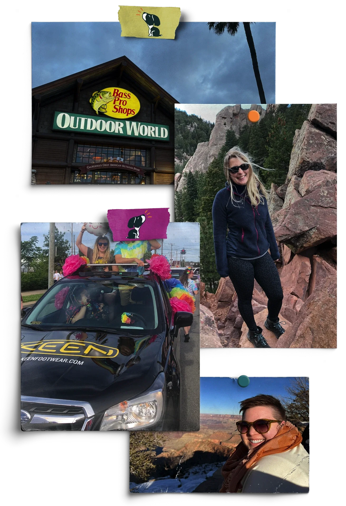 A collage of images including a Bass Pro Shops Outdoor World store, Lizzie smiling in front of rocky cliffs, a parade float with Lizzie, and Laura, in sunglasses and scarf, smiling at a snow-covered Grand Canyon.
