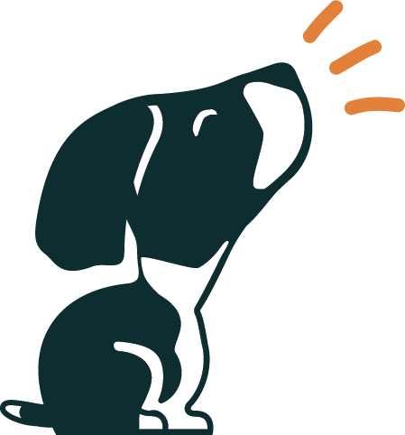 The cartoon dog from the Story Sales & Consulting logo, a happy black and white beagle mix dog tilting her head back, with three lines coming from her mouth to indicate that hound dog bark.