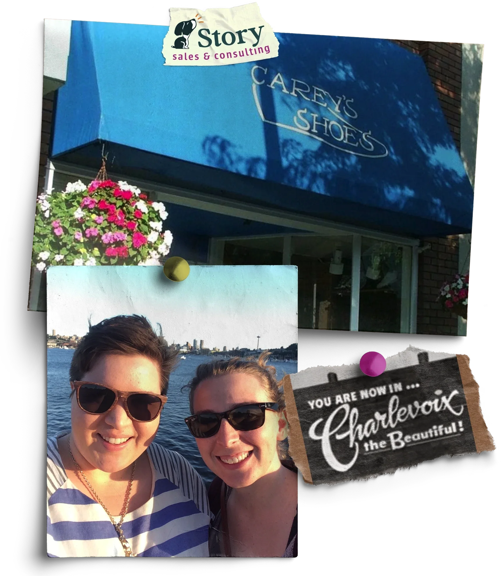 Lizzie and Laura standing in front of Lake Union in Seattle with the Space Needle and city in the background. Laura is wearing sunglasses and a striped dress, Lizzie is also wearing sunglasses and a dark top.