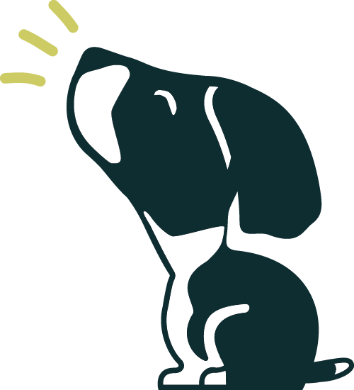 The cartoon dog from the Story Sales & Consulting logo, a happy black and white beagle mix dog tilting her head back, with three lines coming from her mouth to indicate that hound dog bark.