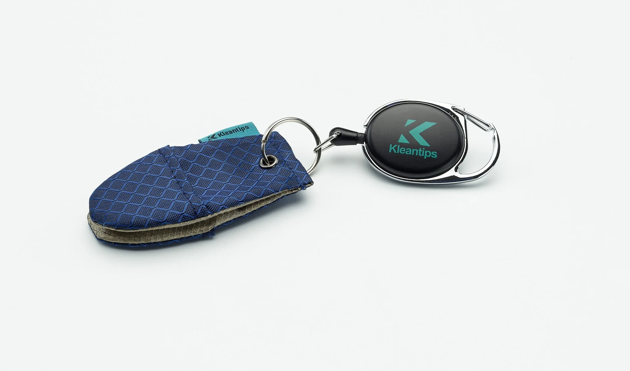 highlights the Kleantips product image featuring an antimicrobial fabric finger glove attached to a retractable lanyard.