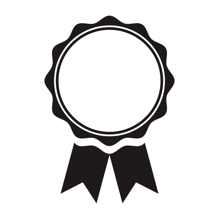 Black and white award ribbon with a blank circular center and two tails hanging below.