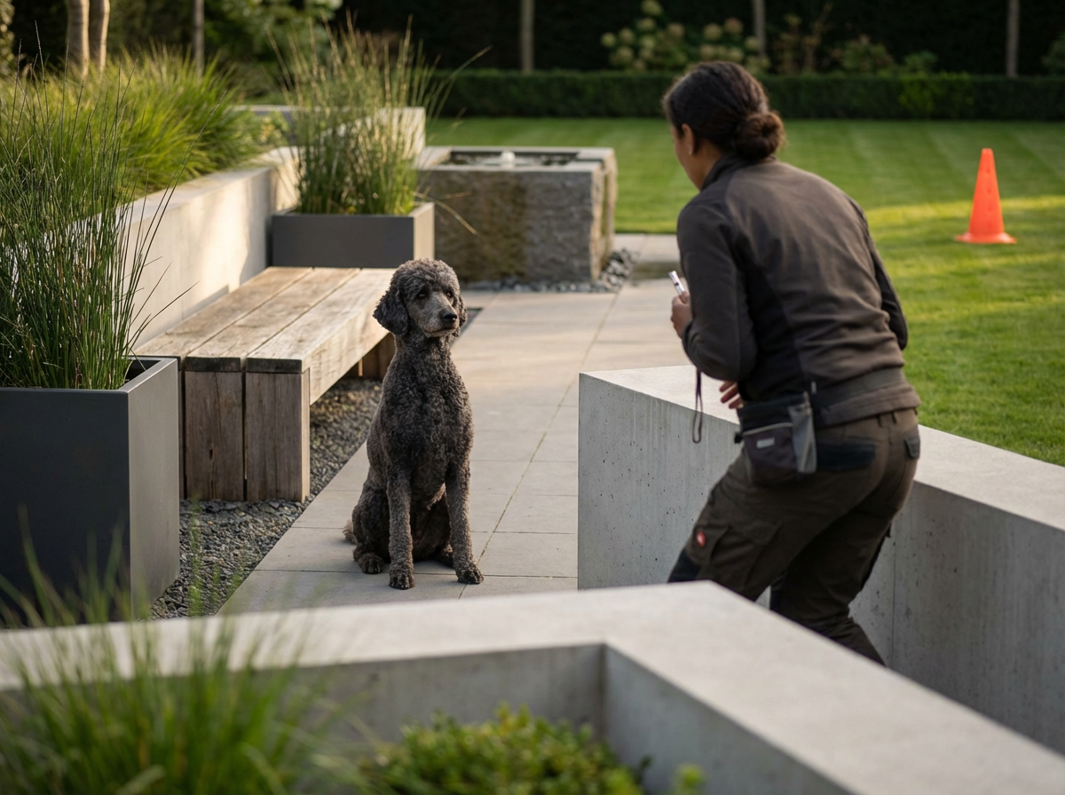 A woman in dark clothing takes a photo of a young curly-coated dog sitting on a paved walkway in a landscaped outdoor area.