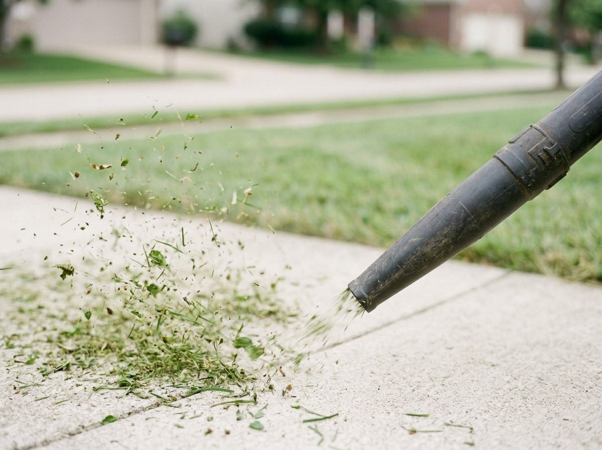 A leaf blower clearing grass and small debris from a sidewalk in a residential neighborhood.