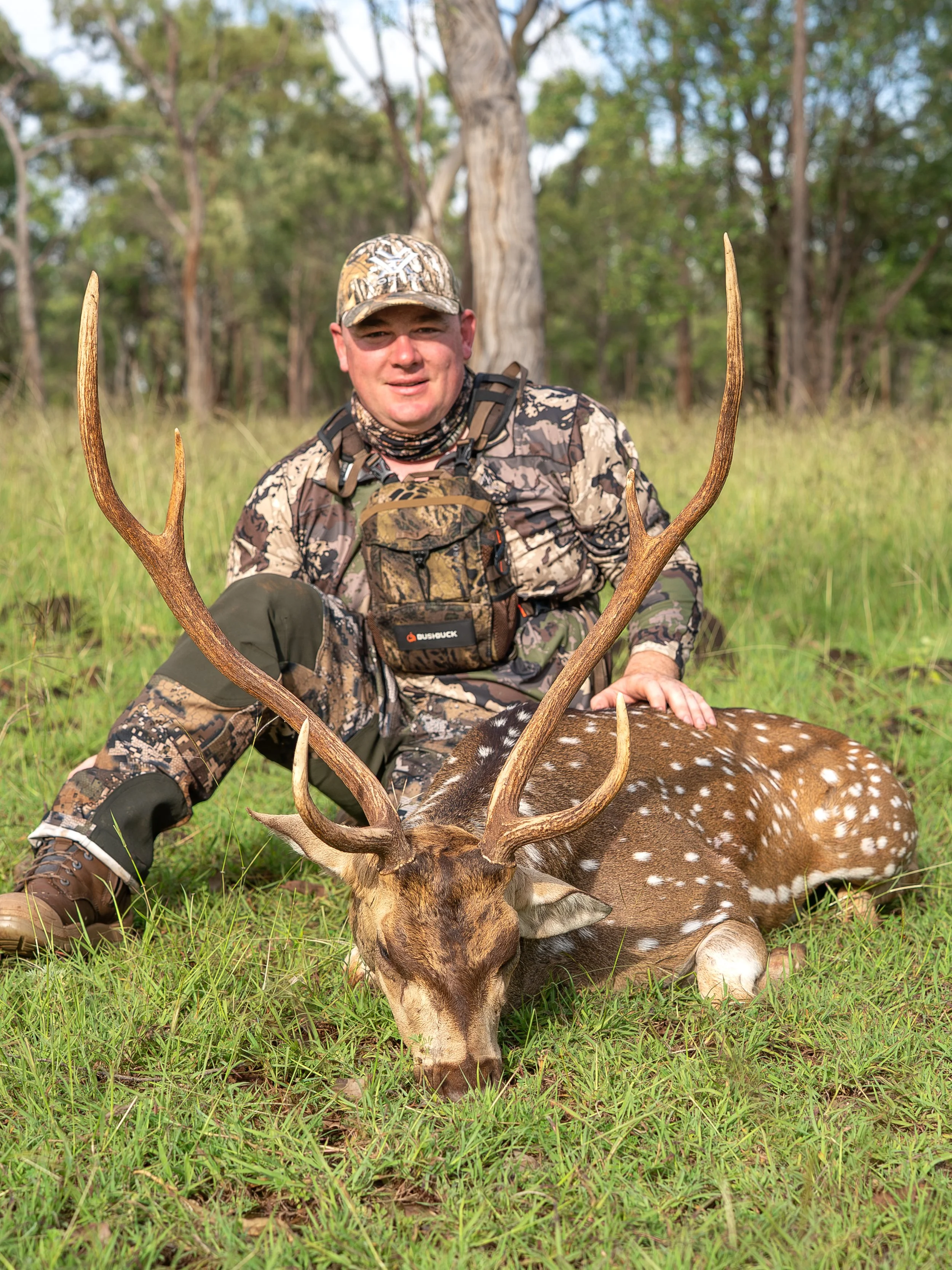 A man in camouflage clothing and a cap, holding a large set of antlers, sitting on grass next to a fallen deer with white spots, in a wooded area.
