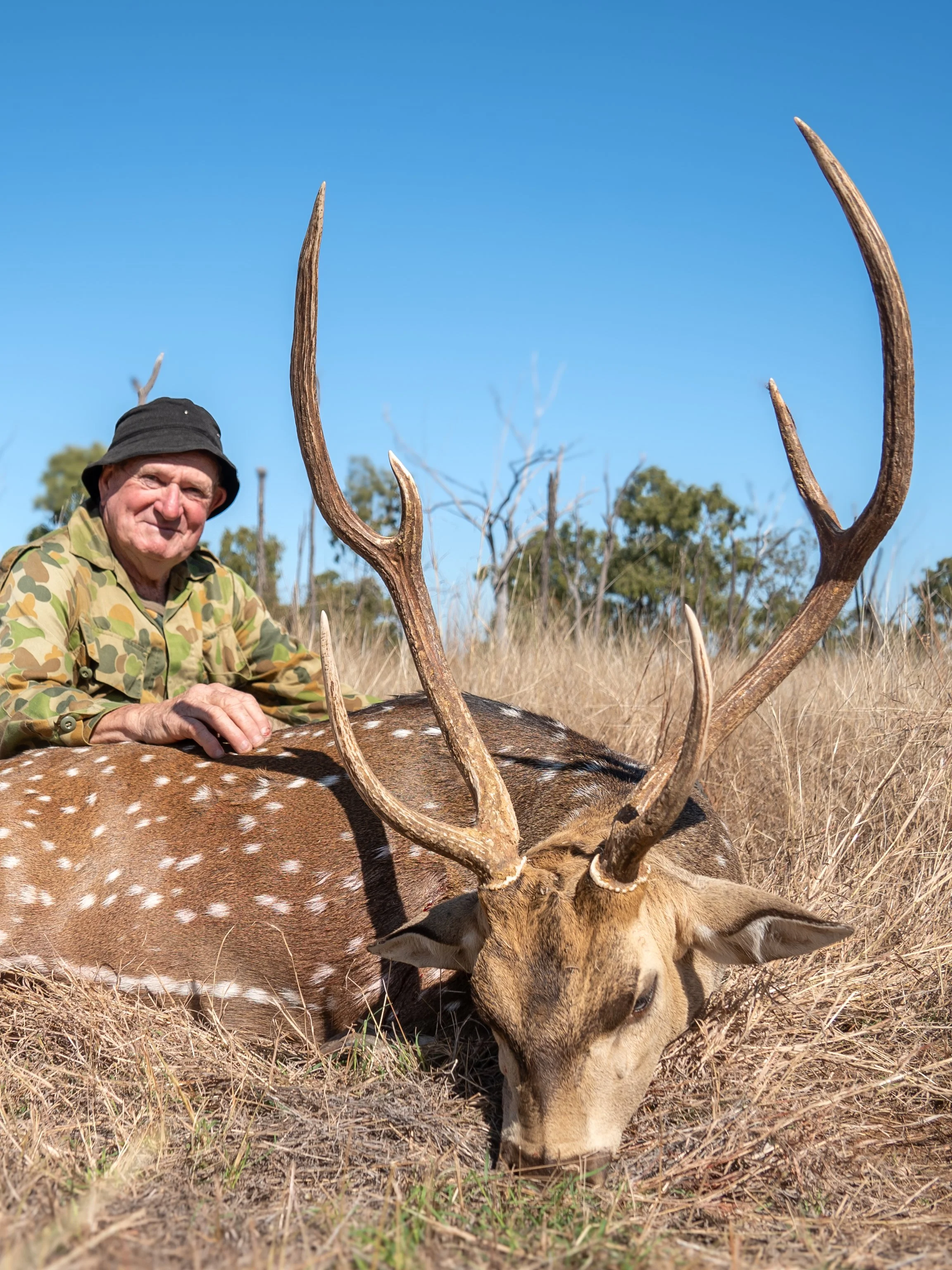 A man dressed in camouflage and wearing a black hat is sitting behind a large deer with antlers, on dry grass in an open field with a clear blue sky and trees in the background.