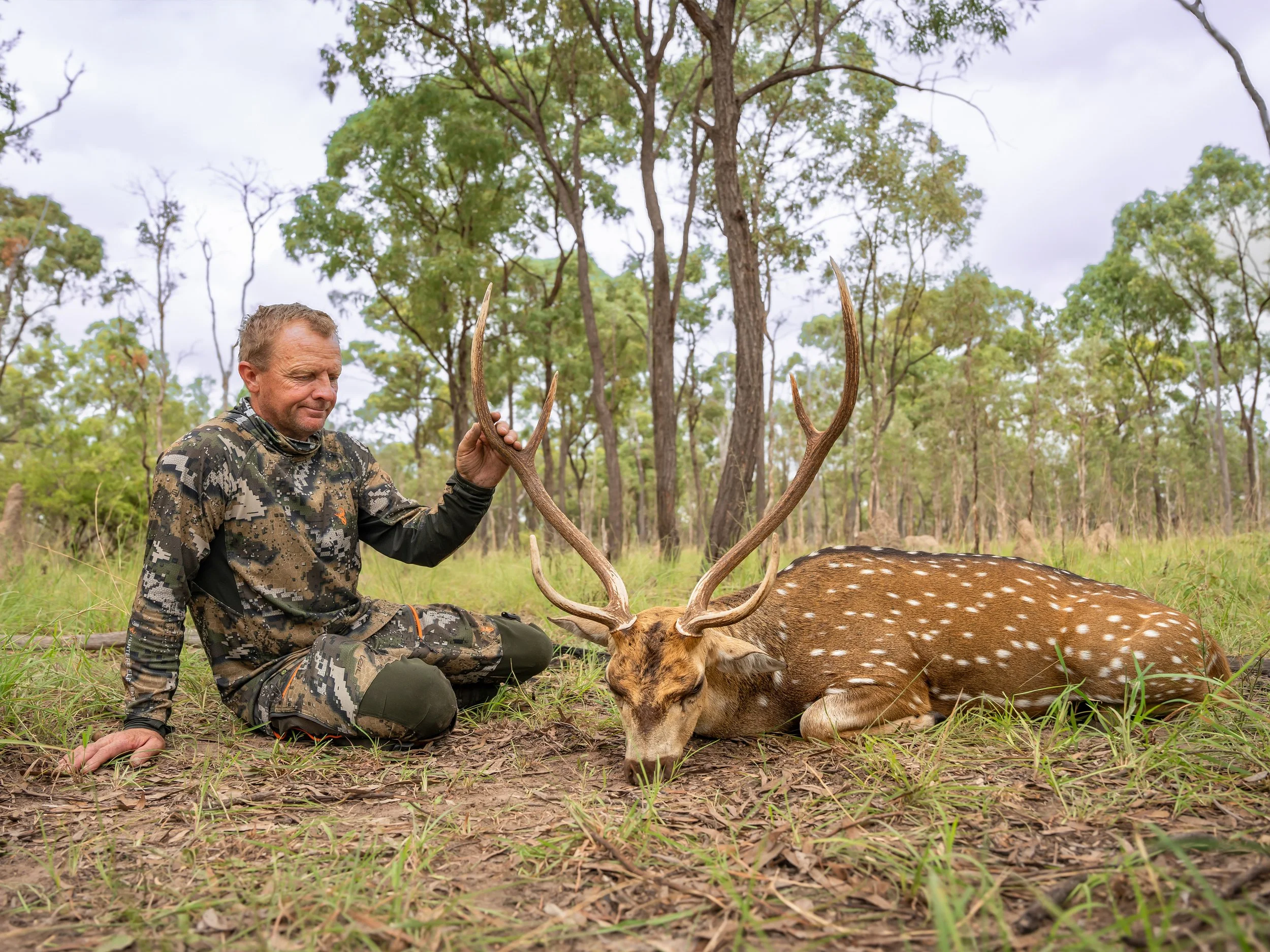 A man dressed in camouflage clothing sits on the ground in a forest, holding the antlers of a fallen deer.