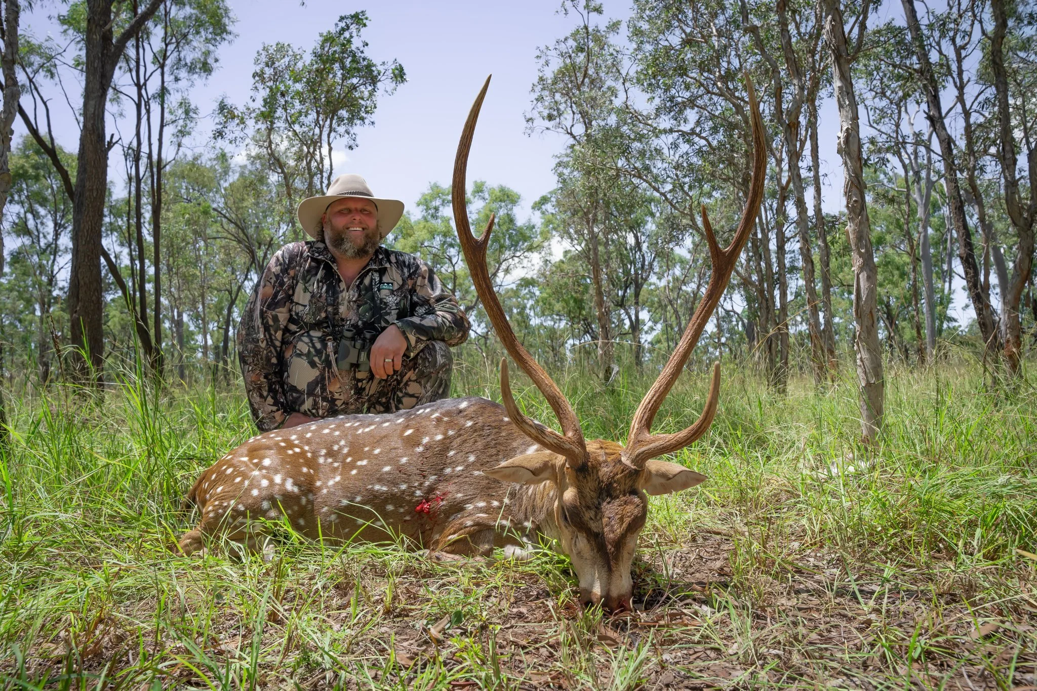 A smiling man with a beard, wearing camouflage clothing and a wide-brimmed hat, kneels next to a recently hunted deer with large antlers in a forested area under a bright blue sky.