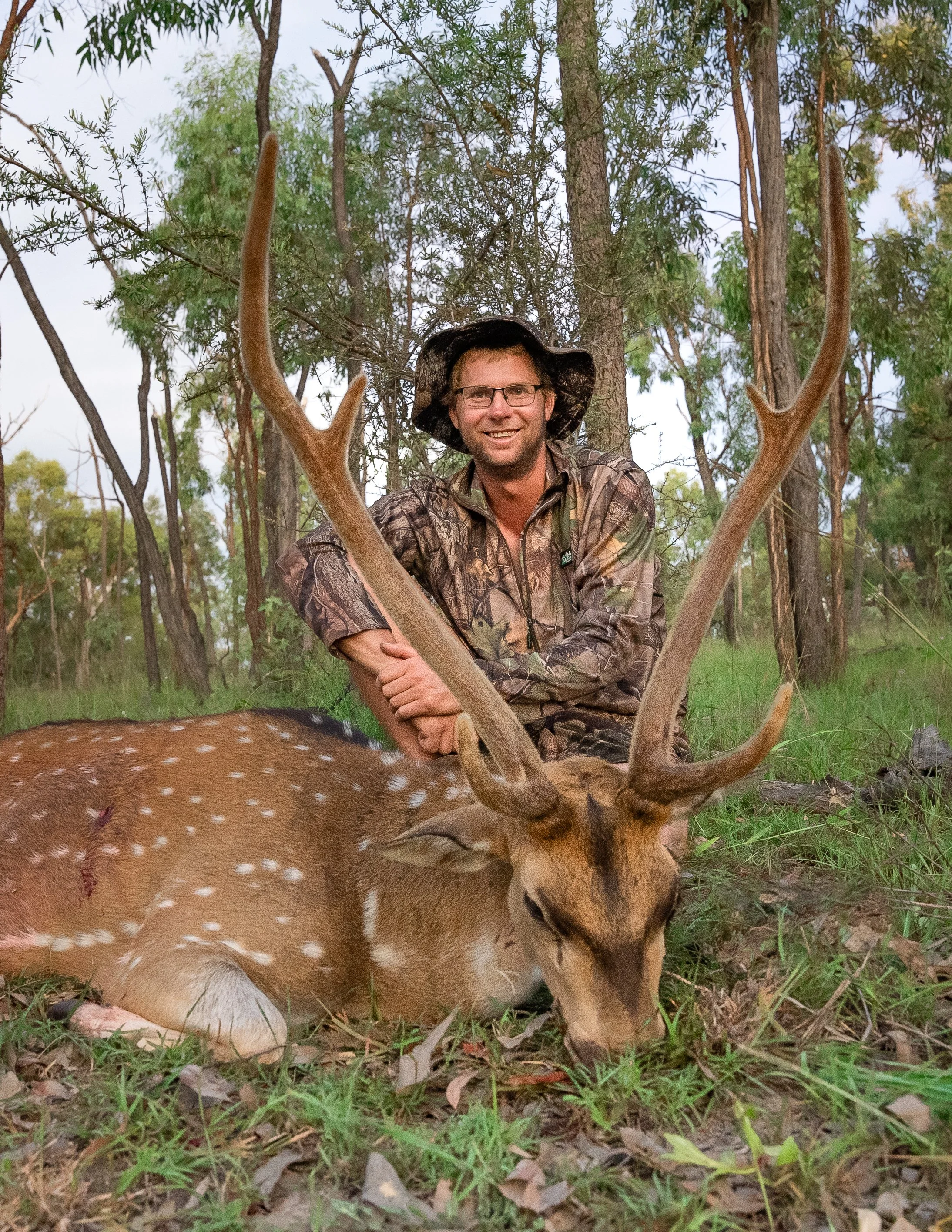 A man wearing glasses, camouflage clothing, and a black wide-brimmed hat sitting in a forest area with trees and grass, holding the antlers of a large deer lying on the ground.