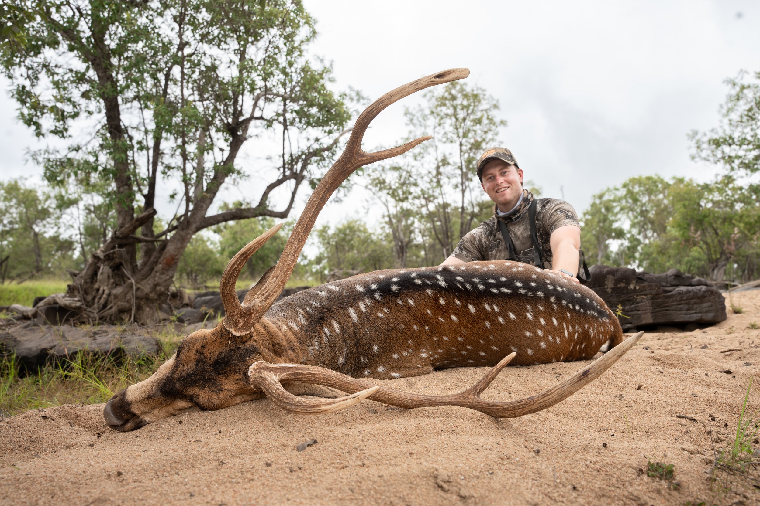 A smiling man in camouflage clothing and hat kneels behind a recently killed spotted deer with large antlers, lying on sandy ground in a wooded area during daytime.