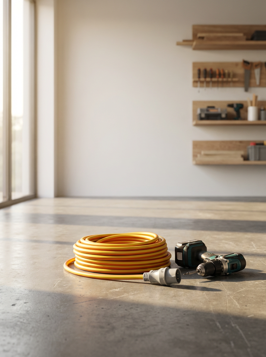 Power drill, extension cord, and drill battery on a concrete floor in a well-lit room with shelves and a large window.