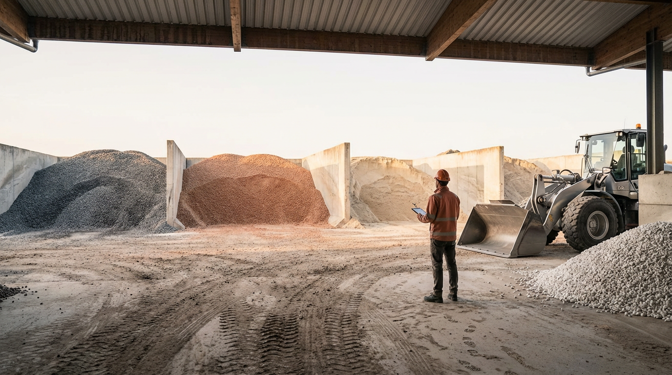A construction worker in an orange safety vest and helmet standing inside a warehouse with large piles of different materials, near a front loader, under a roofed structure.