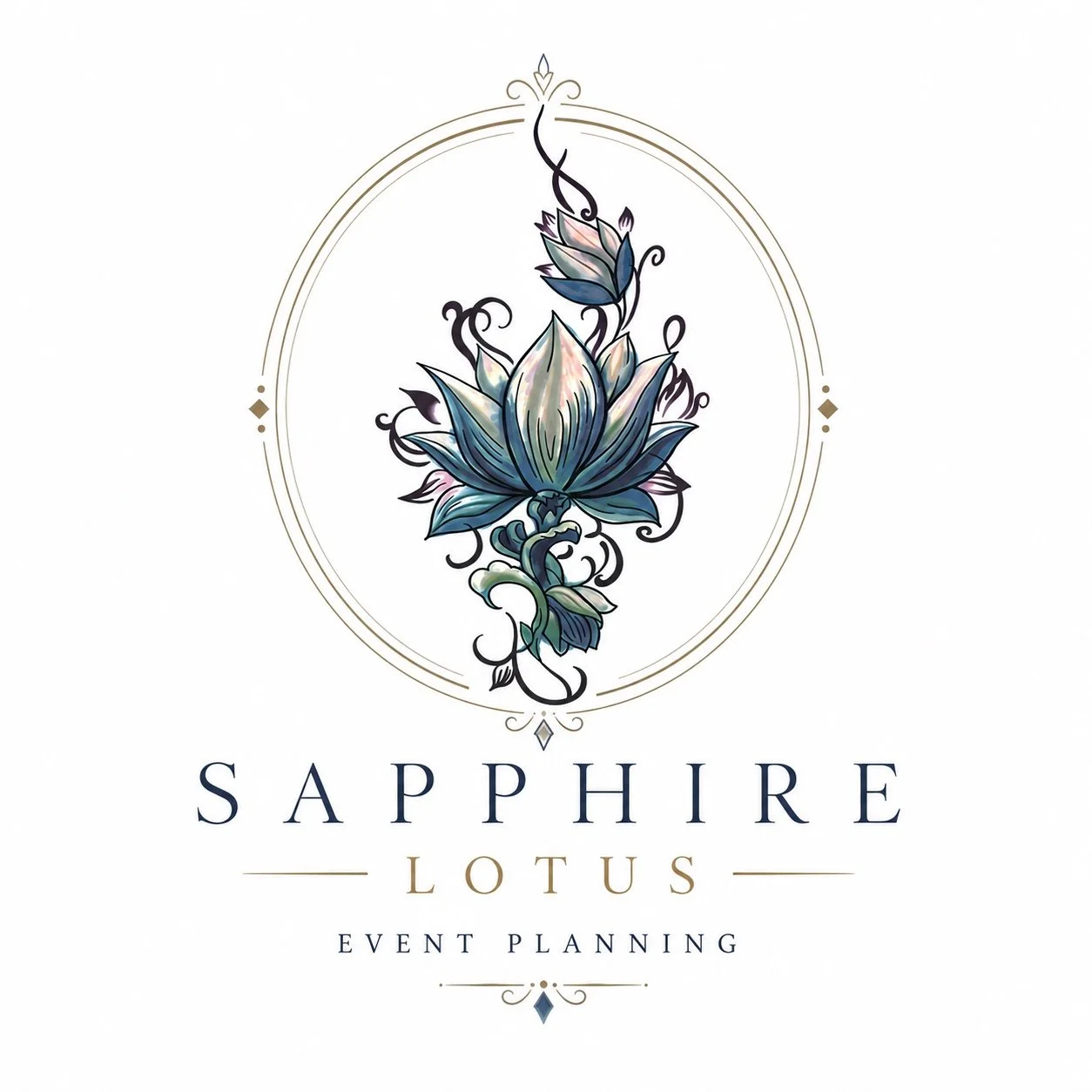 A logo with a stylized blue and purple lotus flower inside an ornate oval frame, with the words "Sapphire Lotus" and "Event Planning" underneath.