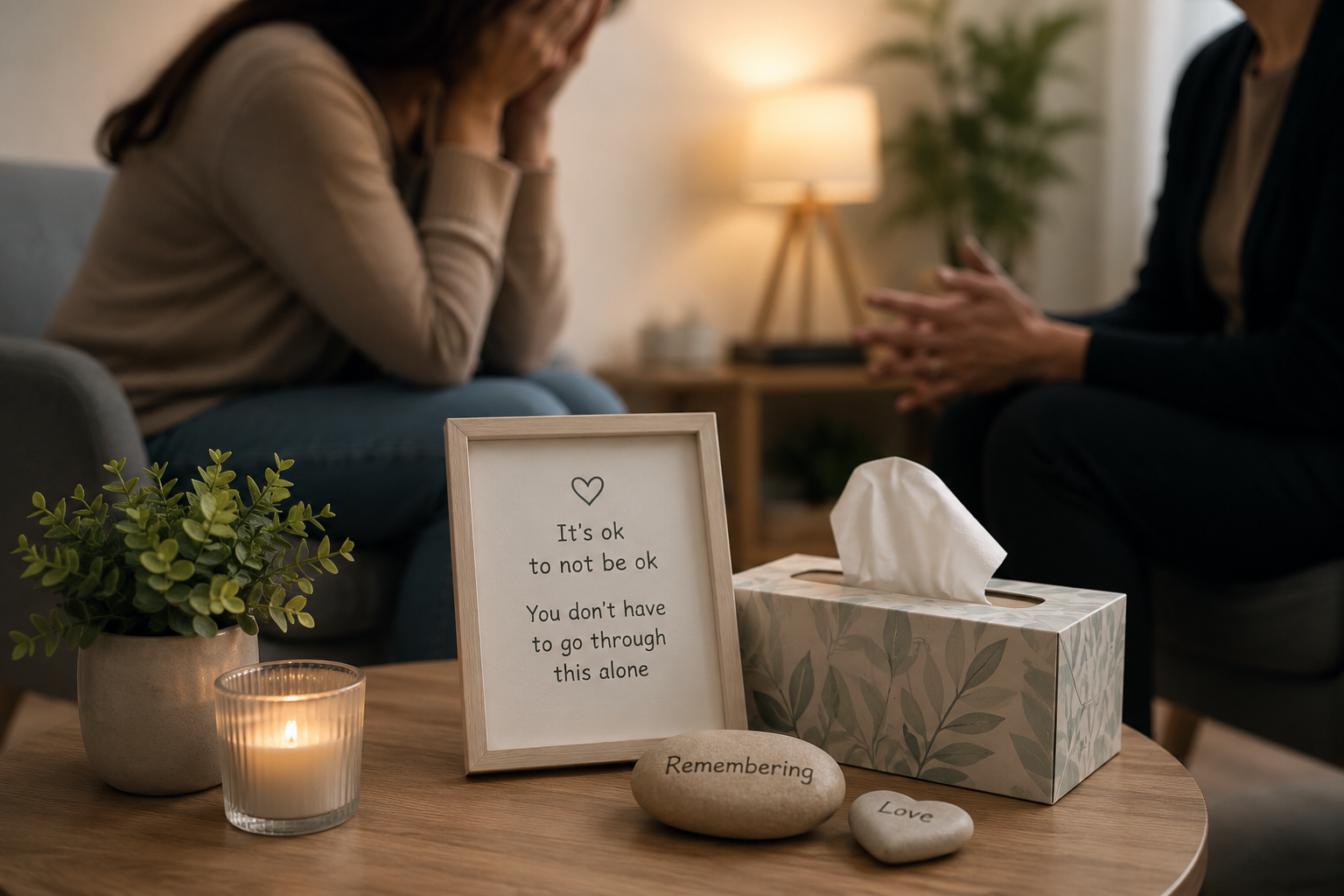 A framed quote on a table reads, 'It's ok to not be ok. You don't have to go through this alone,' with a small heart at the top. The table also has a lit candle, a potted plant, a tissue box, and two stones engraved with 'Remembering' and 'Love.' In the background, two people sit on a couch, one with hands covering her face.